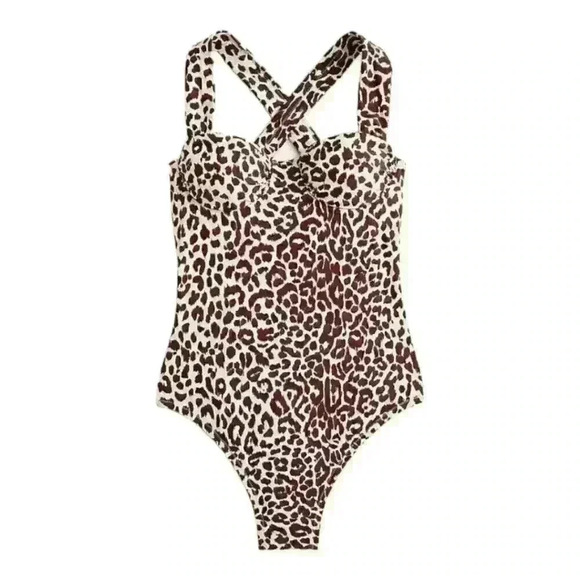J.Crew Ruched Cup Open Tie Back Leopard Print Underwire Cup Plus Size Swimsuit - Picture 3 of 7